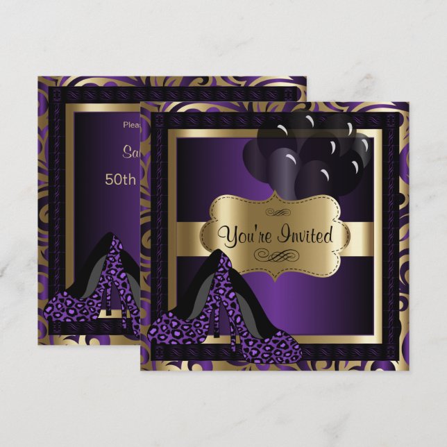 00th Birthday Party | Purple Leopard High Heels Invitation (Front/Back)