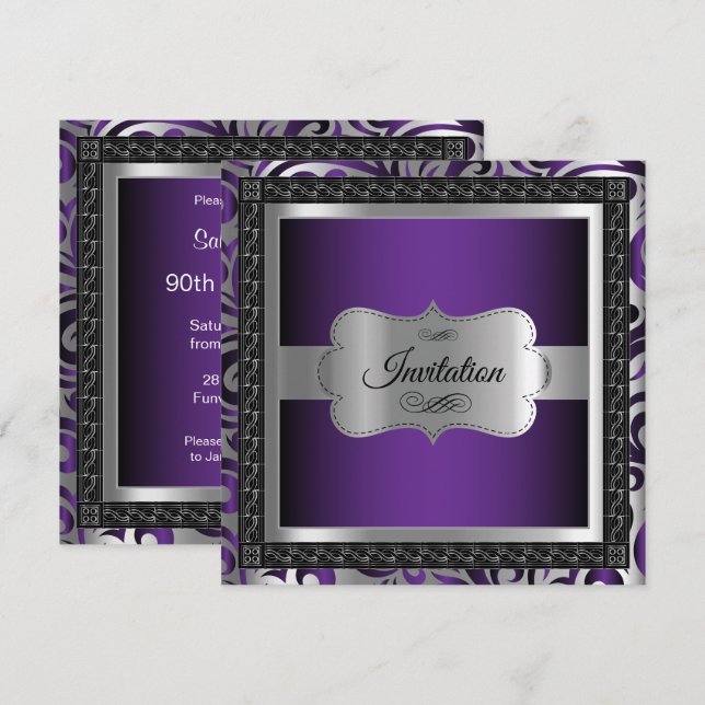 00th Birthday Party | Purple Metallic & Silver Invitation (Front/Back)