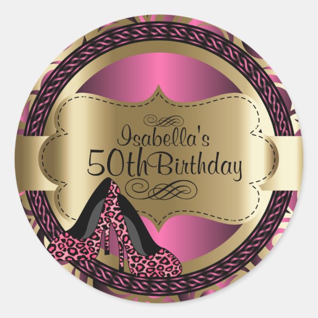 00th Birthday | Pink Leopard High Heels Classic Round Sticker (Front)