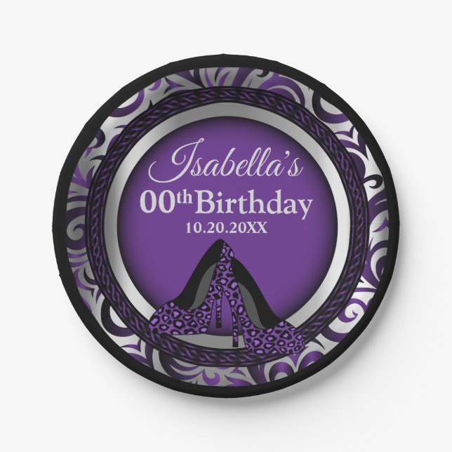 00th Birthday | Purple Leopard High Heels Paper Plate (Front)