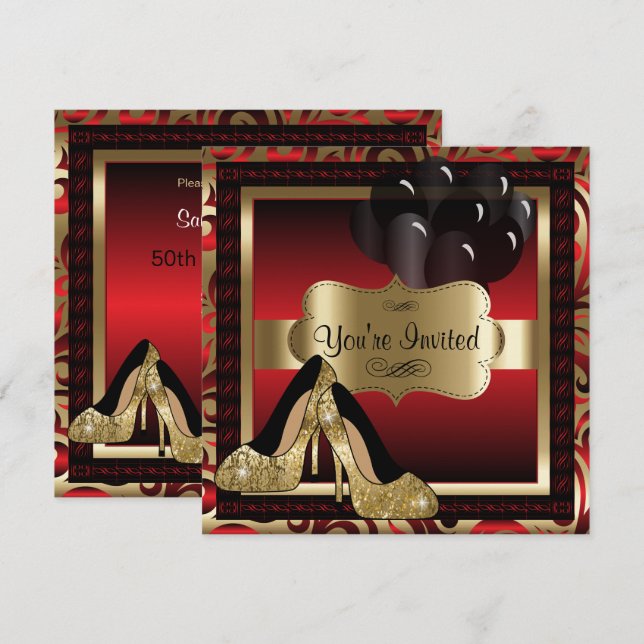 00th Birthday | Red & Gold High Heels Invitation (Front/Back)
