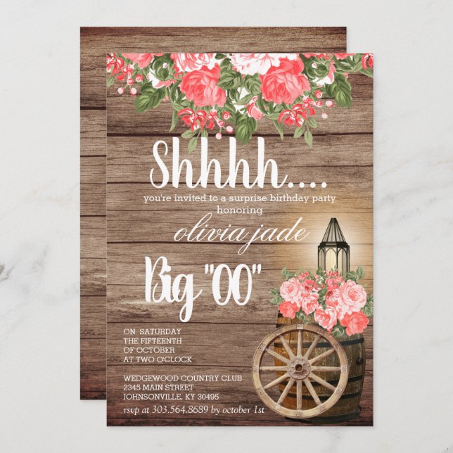 00th Birthday - Wood Barrel and Coral Flowers Invitation (Front/Back)