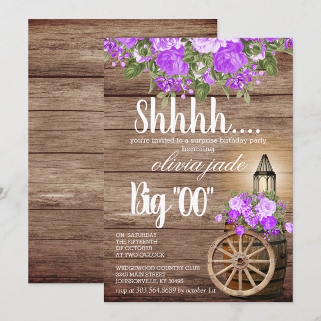 00th Birthday - Wood Barrel and Purple Flowers Invitation (Front/Back)