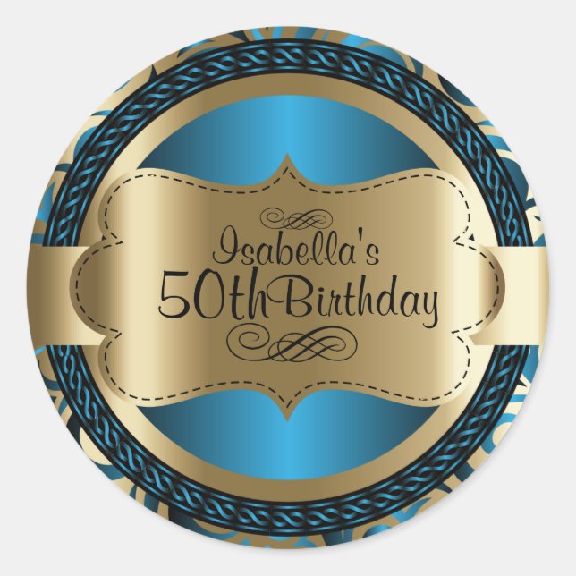 00th Blue and Gold Swirl Abstract Birthday Classic Round Sticker (Front)