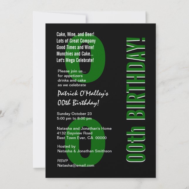 00th Modern Birthday Green and Black Metallic Invitation (Front)