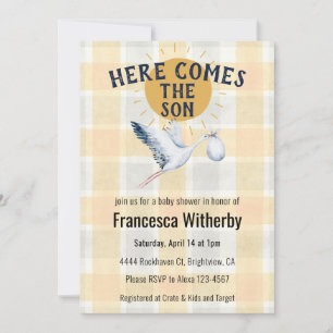 010 Amber 020 Fog Sun Plaid Stork Baby Shower Invitation