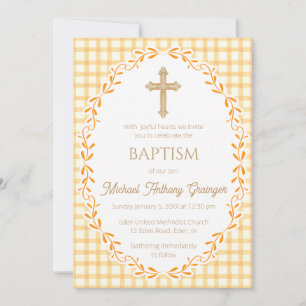 010 Amber Botanical Vine Ornate Cross Baptism Invitation