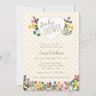 010 Amber Gingham Garden Heart Floral Baby Shower Invitation
