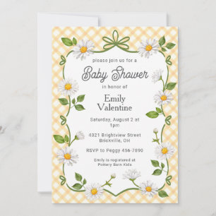 010 Amber Orange Floral Daisy Plaid Baby Shower Invitation