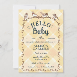 010 Amber Watercolor Gingham Birds Baby Shower Invitation
