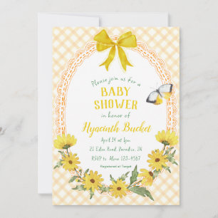 010 Amber Yellow Daisy Bow Gingham Baby Shower Invitation