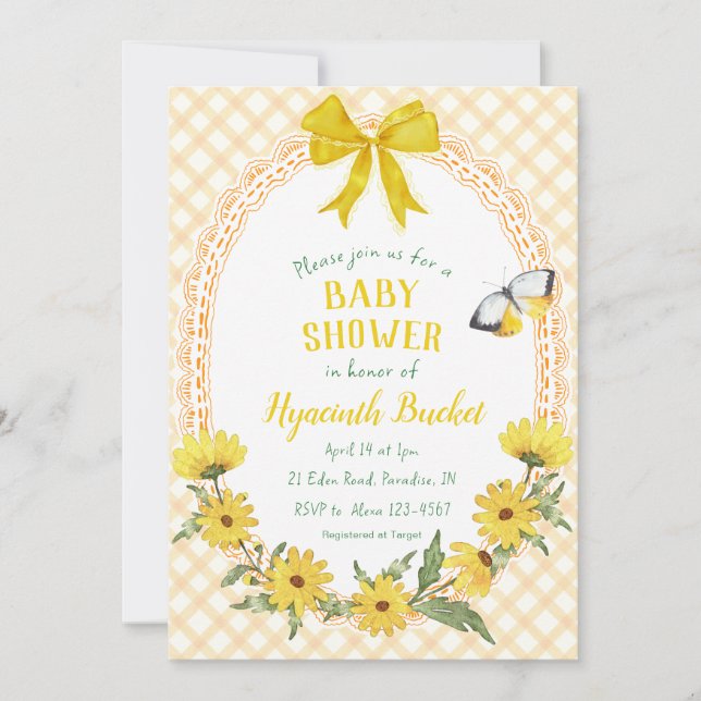 010 Amber Yellow Daisy Bow Gingham Baby Shower Invitation (Front)