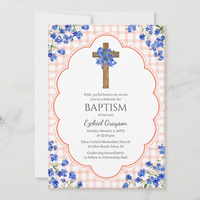 011 Terracotta Blossom Rustic Cross Design Baptism Invitation (Front)