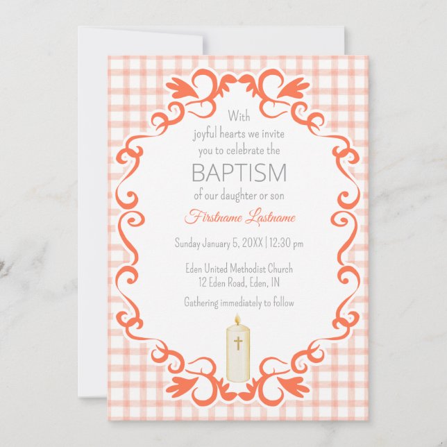 011 Terracotta Scroll Gingham Cross Candle Baptism Invitation (Front)