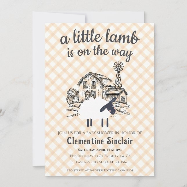 012 Copper A Little Lamb Farm Plaid Baby Shower Invitation (Front)