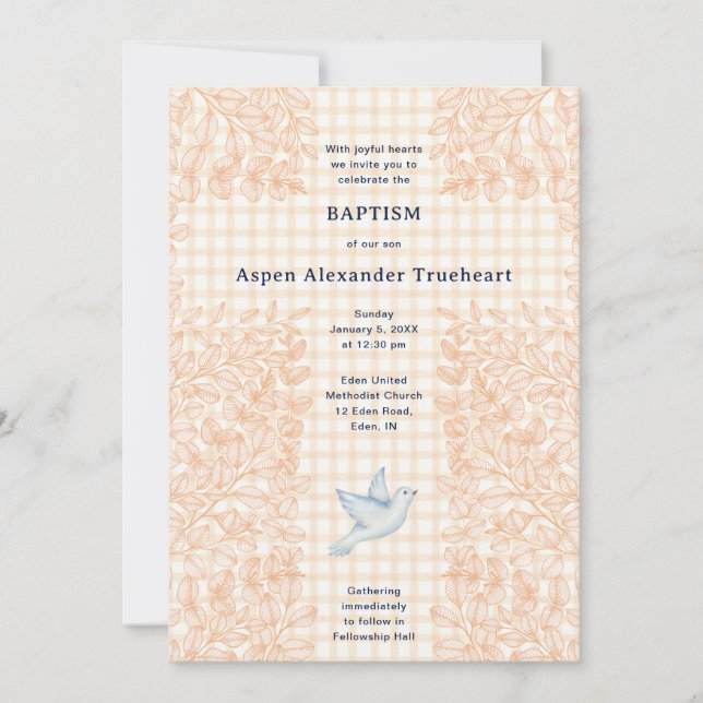 012 Copper Dove Botanical Cross Gingham Baptism Invitation (Front)
