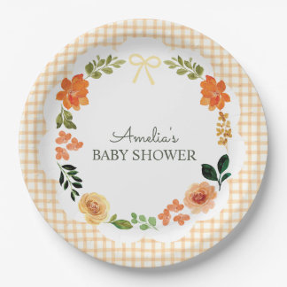 012 Copper Floral Gingham Baby Shower Paper Plate