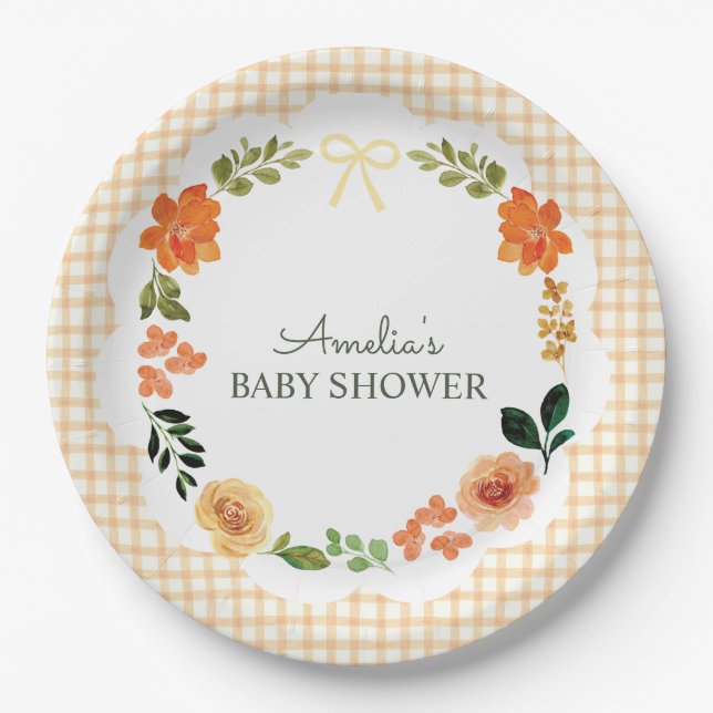 012 Copper Floral Gingham Baby Shower Paper Plate (Front)