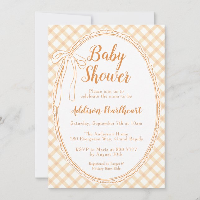 012 Copper Heirloom Lace Gingham Baby Shower Invitation (Front)
