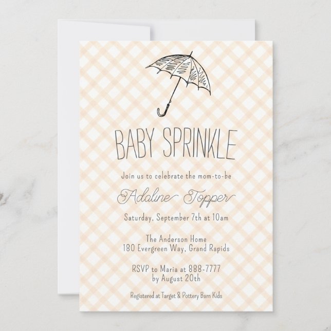 012 Copper Modern Umbrella Gingham Baby Sprinkle Invitation (Front)