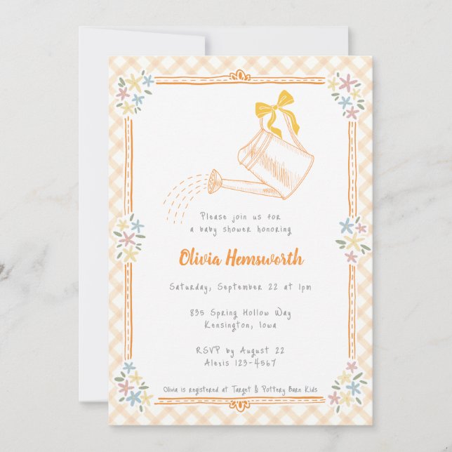 012 Copper Orange Gingham Watering Can Baby Shower Invitation (Front)