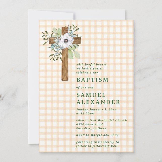 012 Copper Rustic Greenery Wooden Cross Baptism Invitation (Front)