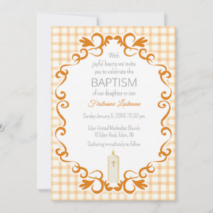 012 Copper Scroll Gingham Cross Candle Baptism Invitation
