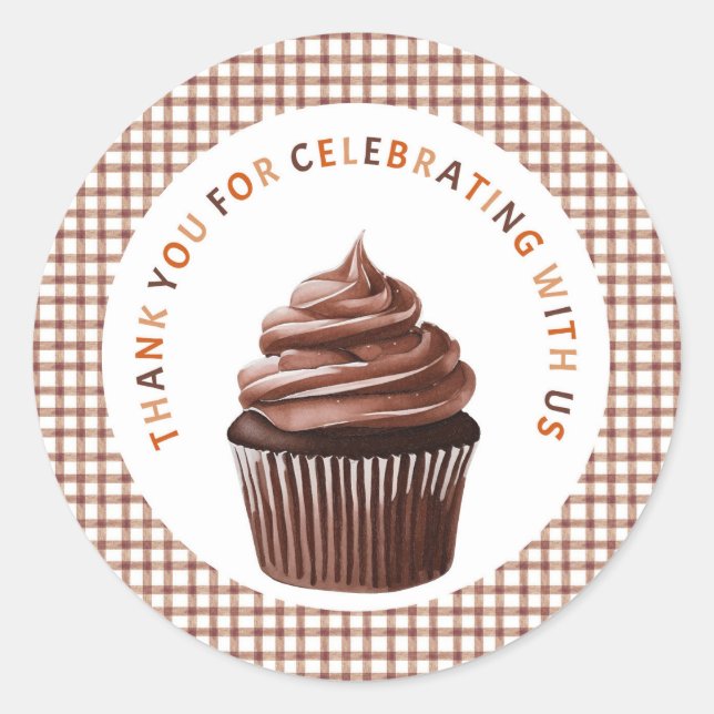 013 Chocolate Cupcake Gingham Thank You Sticker (Front)