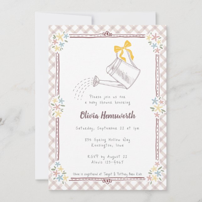 013 Chocolate Gingham Watering Can Baby Shower Invitation (Front)