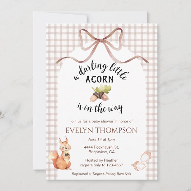 013 Chocolate Squirrel Acorn Gingham Baby Shower Invitation (Front)