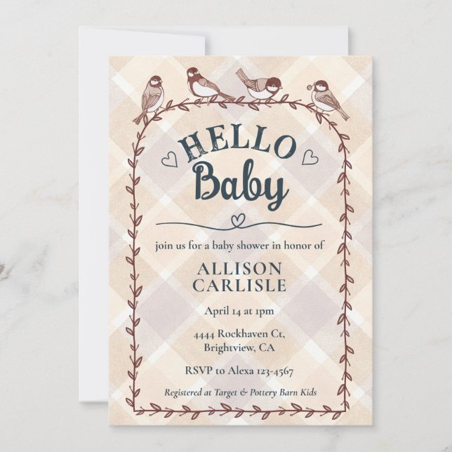 013 Chocolate Watercolor Gingham Birds Baby Shower Invitation (Front)