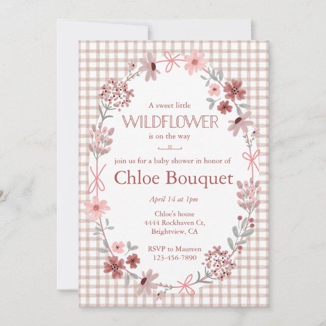 013 Chocolate Wildflower Bow Gingham Baby Shower Invitation (Front)