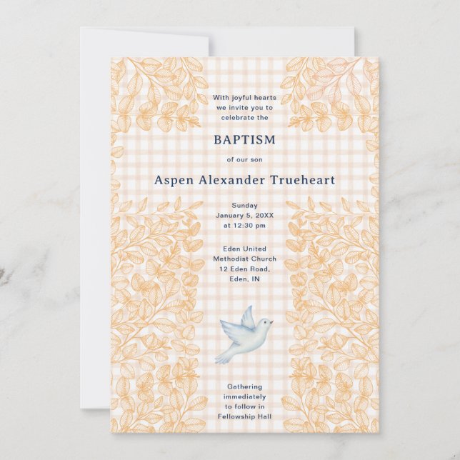 014 Latte Dove Botanical Cross Gingham Baptism Invitation (Front)