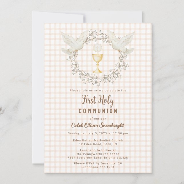 014 Latte Dove & Chalice Gingham 1st Communion Invitation (Front)