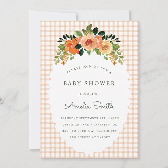 014 Latte Floral Gingham Baby Shower Invitations (Front)