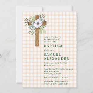 014 Latte Rustic Greenery Wooden Cross Baptism Invitation
