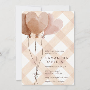 014 Latte Tan Heart Balloon Gingham Baby Shower Invitation