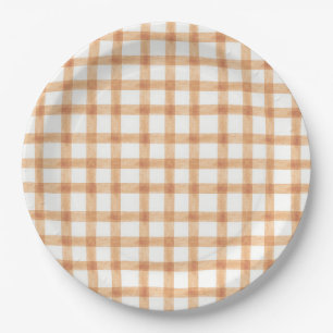 014 Latte Tan Watercolor Gingham L Paper Plates
