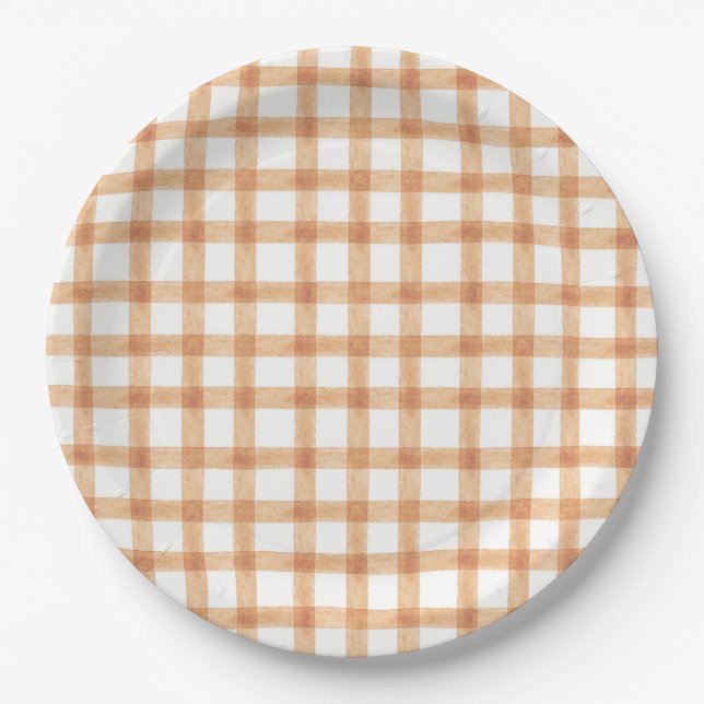 014 Latte Tan Watercolor Gingham L Paper Plates (Front)