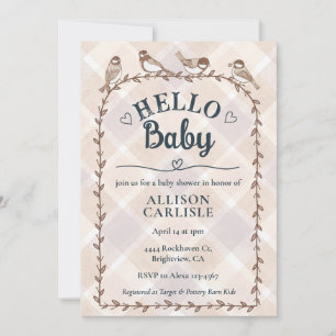 014 Latte Watercolor Gingham Birds Baby Shower Invitation