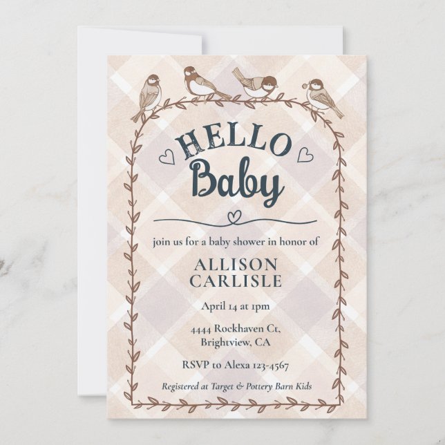 014 Latte Watercolor Gingham Birds Baby Shower Invitation (Front)