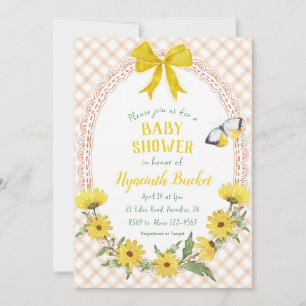 014 Latte Yellow Daisy Bow Gingham Baby Shower Invitation