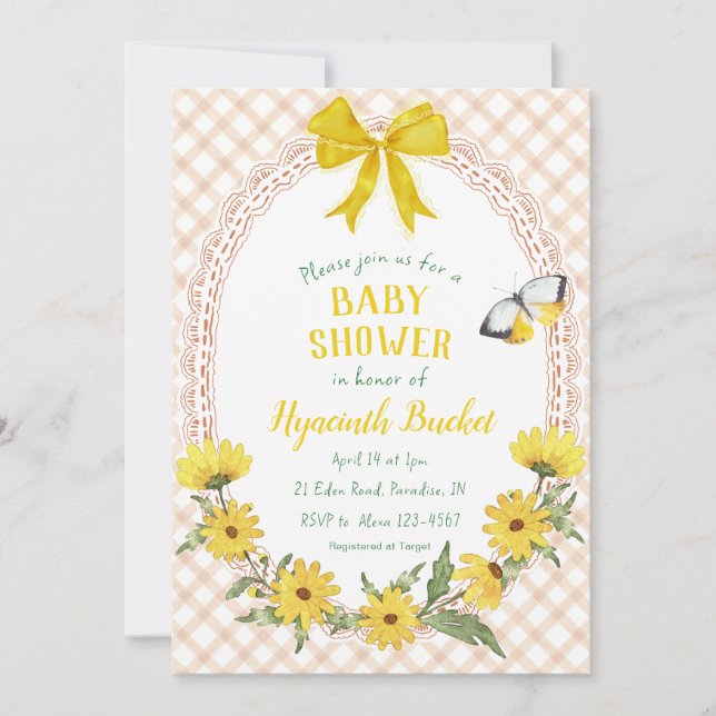 014 Latte Yellow Daisy Bow Gingham Baby Shower Invitation (Front)