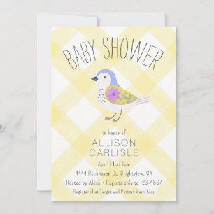 015 Lemon Cute Floral Bird Gingham Baby Shower Invitation