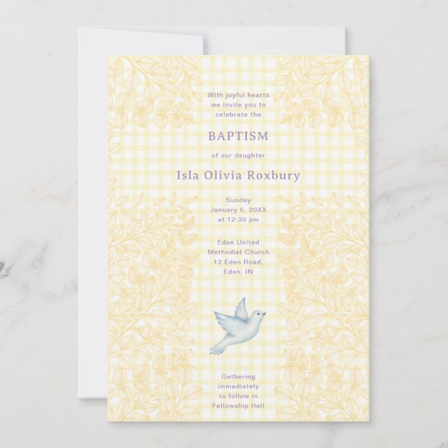 015 Lemon Dove Botanical Cross Gingham Baptism Invitation (Front)