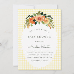 015 Lemon Floral Gingham Baby Shower Invitations