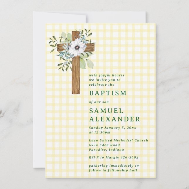 015 Lemon Rustic Greenery Wooden Cross Baptism Invitation (Front)