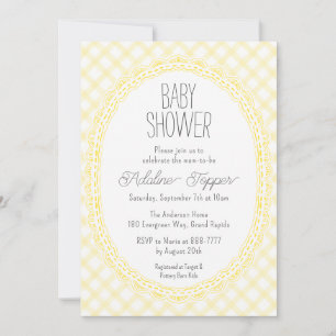 015 Lemon Vintage Lace Frame Gingham Baby Shower Invitation
