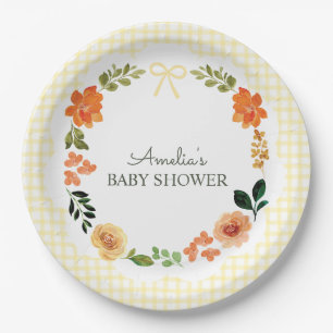 015 Lemon Yellow Floral Gingham Baby Shower Paper Plate
