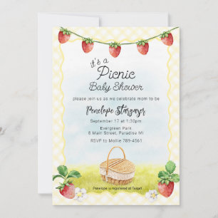 015 Lemon Yellow Strawberry Picnic Baby Shower Invitation